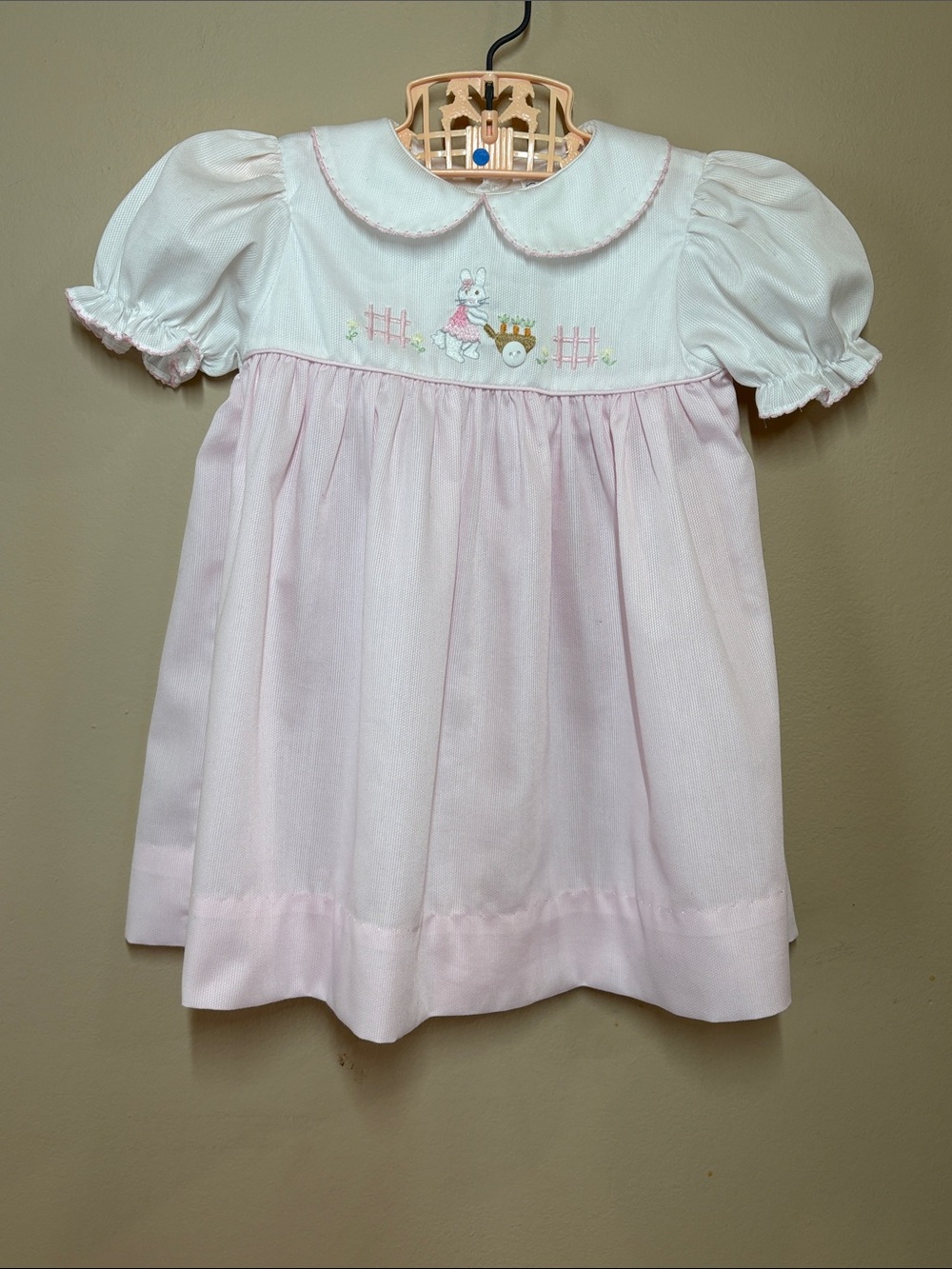 Petit Ami Pink & White Infant Dress with Peter Pan Collar; Bunny Embroidery